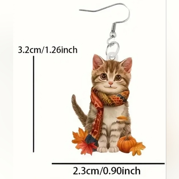 Festive Fall Cat Pierced Acrylic Dangle Earrings. NWT - Picture 2 of 3